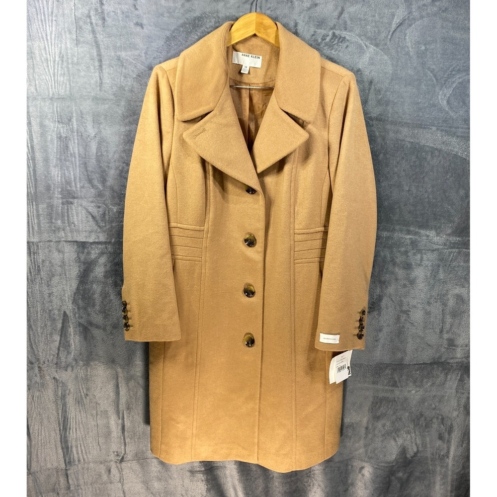 Anne Klein Coat Womens 14 Beige Wool Cashmere Blend Long Single Breasted Pleated
